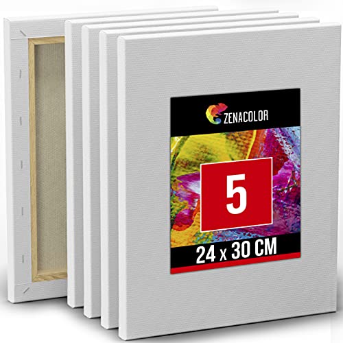 Zenacolor - Set of 5 Paint Canvases 24x30cm - Canvas for Painting Acrylic Paint, Oil Paint, Watercolour Paint - Painting Canvas 100% Cotton Acid-Free Blank Canvas with Wooden Frame