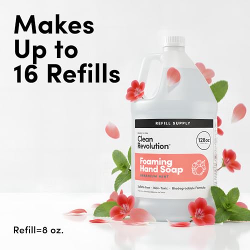 Image of Clean Revolution Foaming Hand Soap Refill with Real Essential Oils, Moisturizing Sulfate-Free Hand Soap, Ready-to-Use Foam Soap Refill for Kitchen & Bathroom (Geranium Mint) 128 Fl Oz