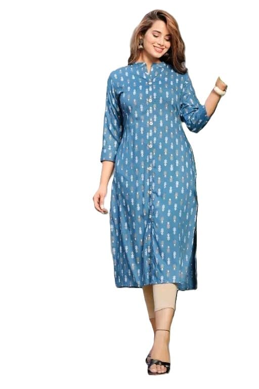 Image of Women's Printed Straight Kurti, 3 /4 Sleeves, Button-Down Front, Side Slits with Pockets