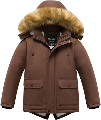 Image of Chrisuno Boys Faux Fur Hood Winter Coat Heavy-Weight Waterproof Multiple Pockets Puffer Jacket Sherpa Parka Brown 14-16