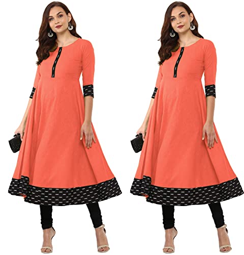 Image of NATEK Cotton Anarkali Printed Border Kurtis for Women Combo Pack of 2
