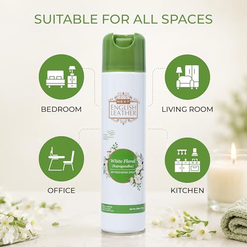Image of Next Care English Leather White Floral Room Air Freshener Spray 220ml | Premium Home Fragrance Spray | Elegant Floral Aroma for Home Office Car Bathroom | Pack of 1