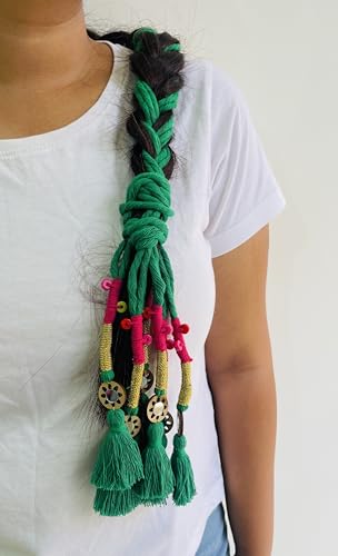 Image of Zippy Flora Handmade Boho Parandi / Paranda Traditional Hair Accessory for Women & Girls | Ethnic Braided Hair Tassels, Choti Hair Extension, Decorative Braid Jewelry for Festive & Wedding Hairstyles (Dark Green)