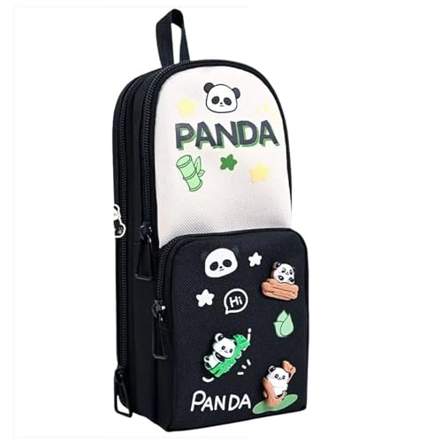 Image of Canvas Kawaii Pencil Case 3 Compartment Cute Pencil Case for Girls Large Capacity Pen Pencil Pouch for Boy Smooth Zipper Multifunctional Stationery Organizer for School Office (HT BW Panda)