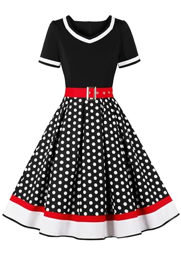 Nihsatin Vintage 1950s Retro Rockabilly Swing Dress Polka Dots Cocktail Dress with Belt