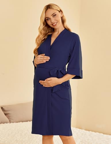 Image of Ekouaer Womens Maternity Nursing Robe for Hospital V Neck Pregnancy Bathrobes 3 /4 Sleeve Labor Delivery Nightgowns