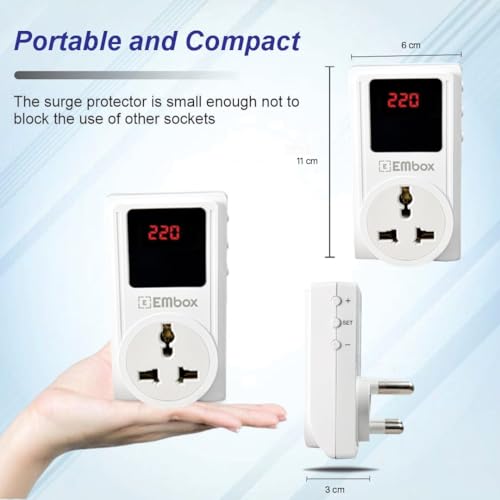 Image of Embox Automatic Digital Voltage Protector 220V Smart Plug 10amp Socket Switcher with Surge Protectors and LED Display Screen for Appliances, Refrigerators, Washing Machines and TV