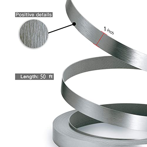 Image of PVC Edge Banding, 1 inch x 50ft Non Glued Flexible Durable Real Brushed Aluminum Grey Silver Veneer Edge Trim for DIY Table Cabinet Furniture Decorative Trim