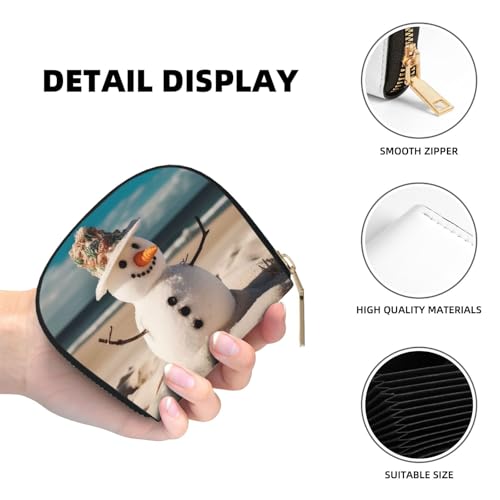 Snowman With Seashells Sitting On Sandy Beach Credit Card Holder Wallet, Leather Zipper Card Wallet For Women Ladies Rfid Blocking Card Case Small Coin Purse Accordion Wallet Gift4