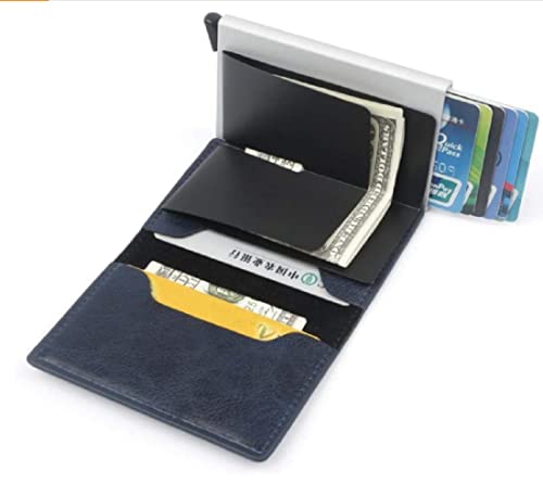 Image of VOGARD Men's Genuine Leather Wallet | RFID Blocking Aluminum Automatic Pop Up Credit Card Holder Case | Holds up to 9 Cards (24 Blue)