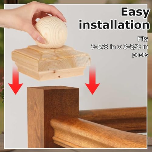 Image of Hosuly 1 Pcs 4x4 Inch (Actual 3 x 5 /8) Wood Post Caps with Ball Finial Decorative, Cedar Newel Wooden Post Caps Classic Style for Outdoor Fences, Decks, Mailboxes, Garden