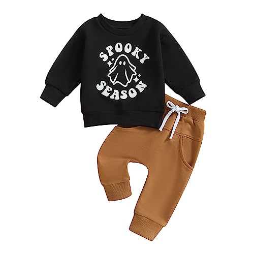 kacubwyy Infant Toddler Baby Boys Sweatshirt Suit Long Sleeve Pumpkin Letter Sweater Solid Pants Halloween Baby Outfits