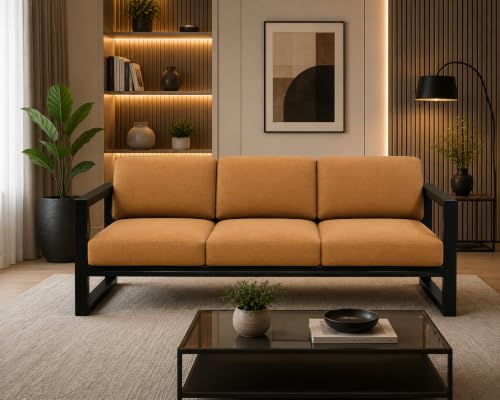 Image of Modern 3-Seater Sofa with Beige Cushions & Black Metal Frame Set Upon a Sturdy Black Metal Geometric Base Frame.
