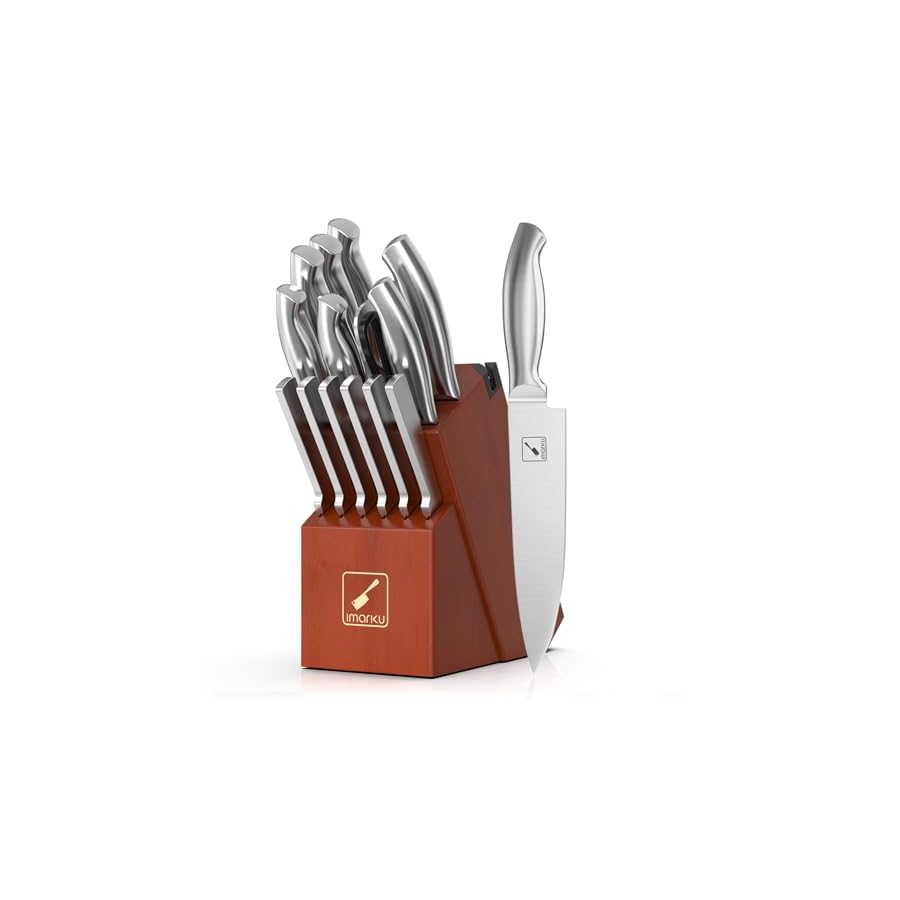 Imarku Knife Set, 15 Pieces Kitchen Knife Set with Block, High Carbon-Stainless Steel Kitchen Knives with Built-in Sharpener, Professional Knife Block Set for Valentine's Day Gifts, Brown