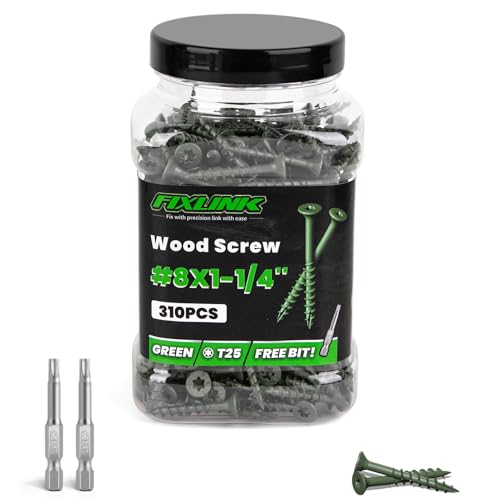 Image of Wood Screws 1-1 /4 Inch, FIXLINK Deck Screws #8 x 1-1 /4 inch, 310 PCS, Epoxy Coated, T25 Star Bit Above 1500 Hour Salt Spray Coating Outdoor Decking Screws Excellent Rust Resistant for Wood Fence, Green