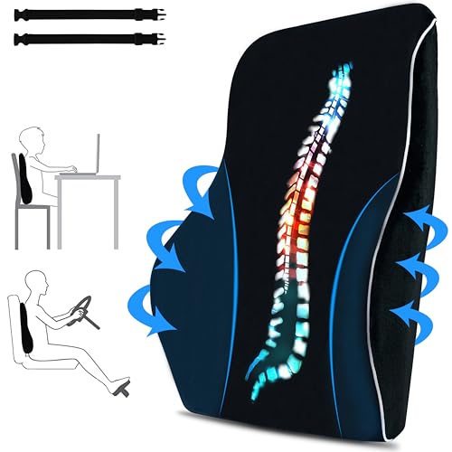 TheComfortZone Lumbar Support Pillow for Office & Gaming Chair Car Lumbar Pillow Ergonomic Back Support Memory Foam Cushion with Adjustable Straps Breathable Orthopedic Backrest Black color