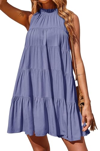 Okiwam Womens Summer Halter Dresses Sleeveless A Line Tiered Swing Mini 2025 Fall Casual Boho Beach Vacation Sundress