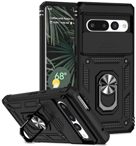 Dechyi Funda para Google Pixel 7 Pro Carcasa Cubierta de Cámara Deslizante Protector de Pantalla con Soporte de Anillo-Negro
