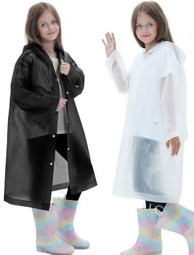 2 Pack Raincoats for Kids, Borogo Reusable Rain Ponchos with Hood and Sleeves Rain Coats for Boys and Girls White&Black