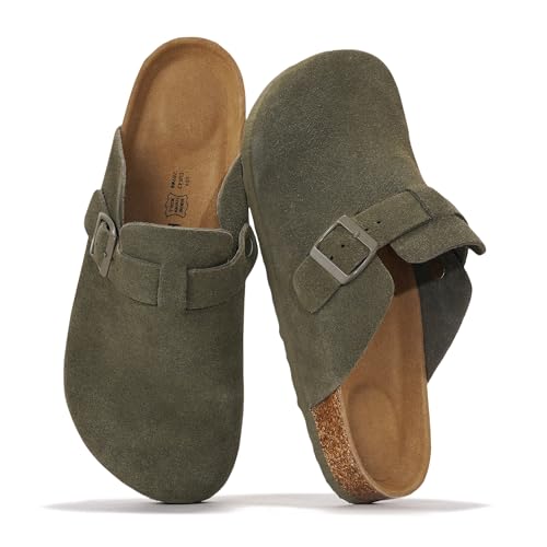 Project Cloud Mens Clogs - 100% Full Grain Genuine Leather Memory Foam Clogs for Men Arch Support Cork Footbed - Non Slip Platform Mules (Brooklyn, OLIVSUEDE,10.5)