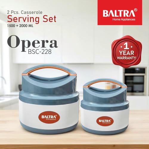 Image of BALTRA Inner Stainless Steel Thermoware Casserole Set with Lid for Roti /Chapati (1500ml, 2000ML) | Insulated Hot Pot for Hot Meal /Chapati /Curry Set /Biryani | Serving Bowl with Lid (OPERA SET OF 2)