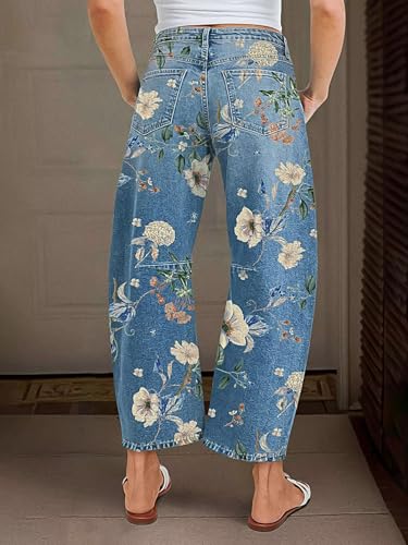 Flamingals Barrel Jeans for Women Trendy Mid Rise Floral Printed Cropped Jeans Relax Fit Stretch Denim Ankle Pants4