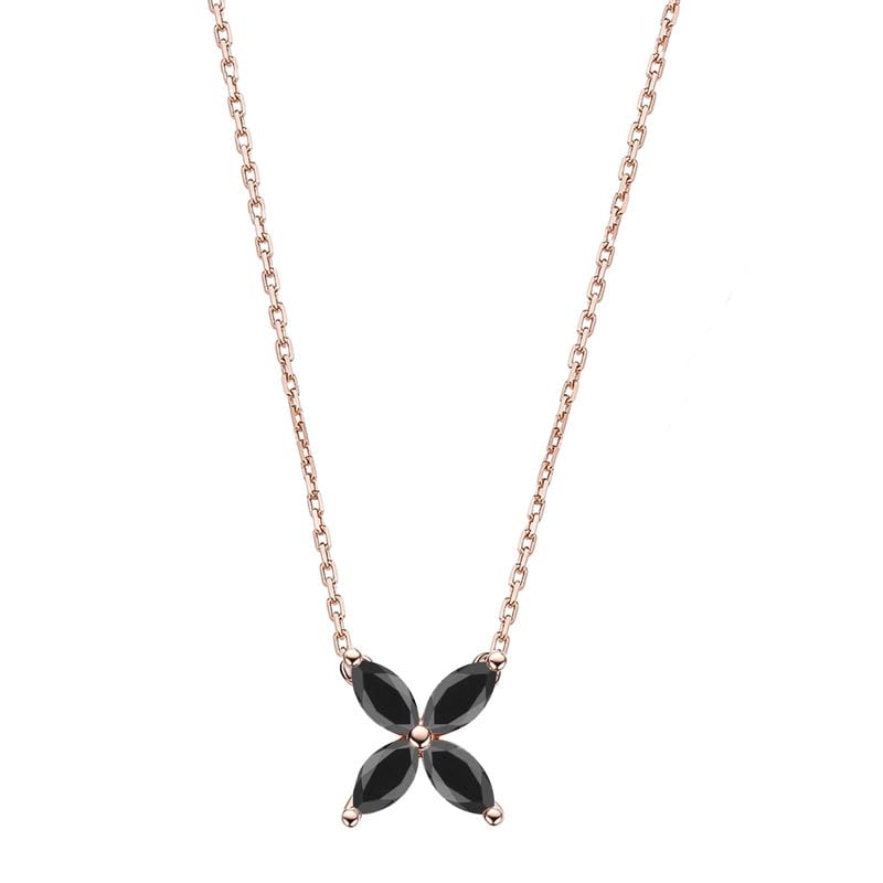 Marquise Cut Black Diamond Cluster Floral Necklace For Women, 14K Gold Plated Silver 4-Stone Diamond Clover Necklace For Ladies