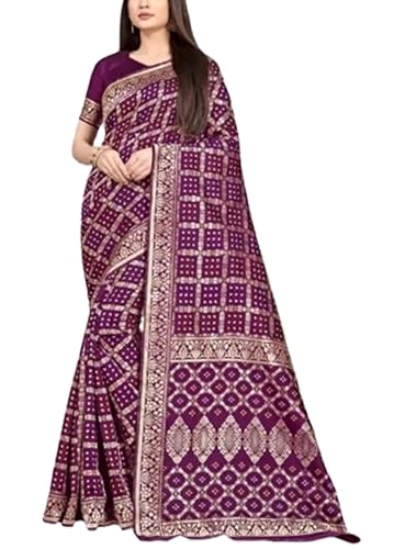 Women`s Bandhani Patola Silk Sarees Traditional Jacquard Design with Contrast Blouse Piece - Purple