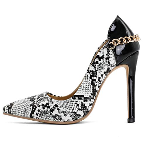 KOKOMOMO Womens Snakeskin Pumps Chain High Heel Pointed Toe Stilettos2