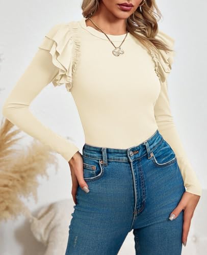 Image of Tankaneo Womens Ruffle Long Sleeve Shirts Fitted Ribbed Knit Tops Fall Casual Crew Neck Tees