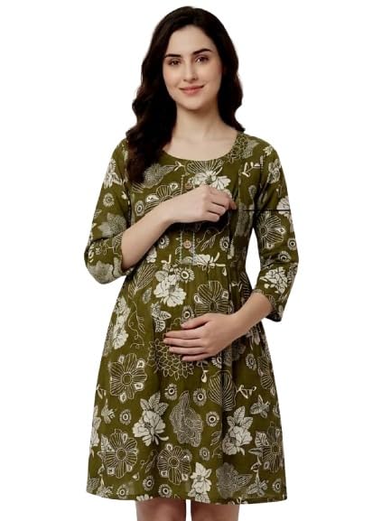 Olive Green Maternity Kurti with Concealed Zippers-image-6