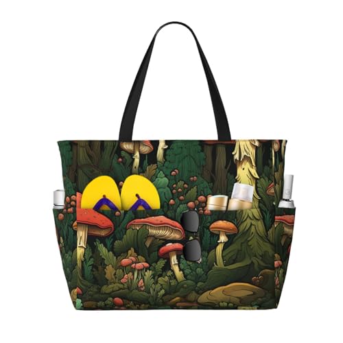 Forest Tree Beach Bag Fairy mushroom Pool Bag for Women Waterproof Large Travel Tote with Zipper Organizer for Swimming Vacation Essentials