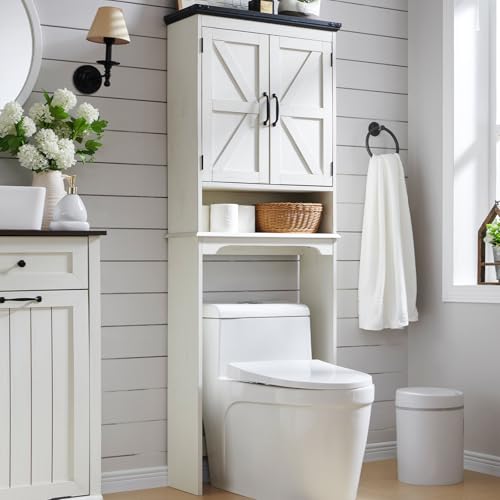 Image of ACCOHOHO Over The Toilet Storage Cabinet, Farmhouse Bathroom Cabinet with Adjustable Shelf & Barn Door, 67" Tall Over The Toilet Shelf, Off White