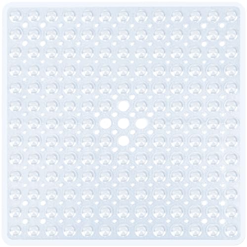 Naoloture Clear Square Shower Mat Bathtub Mat Non Slip 21x21 Inch Square Bath Mat for Inside Shower Tub Shower Stall Mats for Bathroom Floor Big Suction Cups Drain Hole Easy Washable BPA-Free