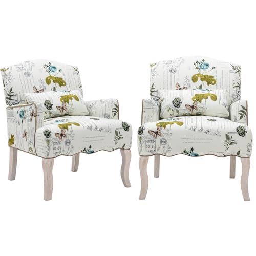CIMOO Floral Accent Chair Set of 2 Linen Fabric Modern Arm Chair with Removable Pillow Upholstered Corner Reading Chair Comfy Single Sofa for Living Room/Bedroom/Fireplace, Beige-Butterfly Pattern