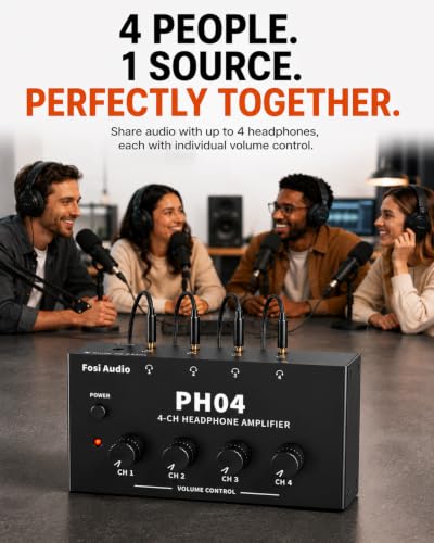 Image of Fosi Audio PH04 4 Channel Headphone Amplifier Stereo Audio Amp with 12V 1A Power Adapter Ultra-Compact Portable Headphone Splitter for Studio and Stage