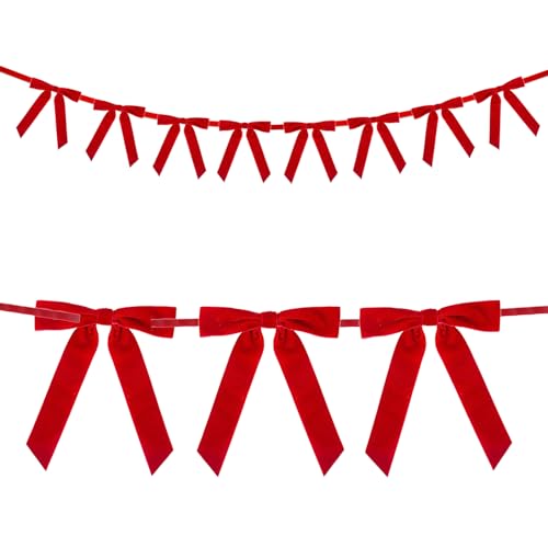 Red Velvet Bow Banner,210cm Long Pre-Strung Christmas Garland Banner with 8Pcs 17 * 24cm Bows for Xmas Tree Fireplace Window Staircase Decor (Red)