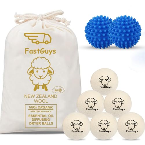 FastGuys® Pack 6 + 2 Bolas Secadora De Ropa y Bolas Lavadora Antiarrugas Colada Suave Y Ahorro Energético Pelotas De Secado Lana Extragrandes XXL Naturales y Reutilizables Dryer Balls