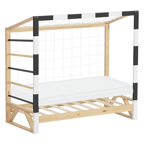 ML-Design Cama Infantil 70 x 140 cm en Forma de Portería de Fútbol con Colchón, Cuna Individual de Madera de Pino con Somier de Láminas, Red y Escalera para Trepar, Litera Maciza Juvenil para Niño