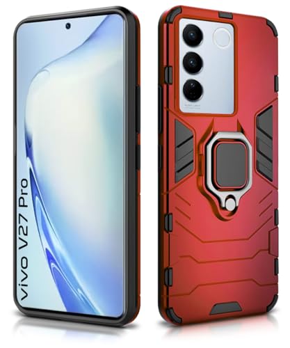 Image of WOW IMAGINE Shock Proof Back Case Mobile Cover for Vivo V27 | V27 Pro 5G (Tough Armor | Hybrid PC + TPU | Full Protection with Ring Holder & in-Built Kickstand | Red)