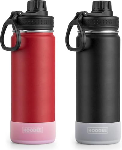 Image of koodee Insulated Water Bottle 2 Pack-22 oz Stainless Steel Vacuum Metal Sports Water Bottle with Leakproof Spout Lid,BPA Free (Canyon Red-Black)