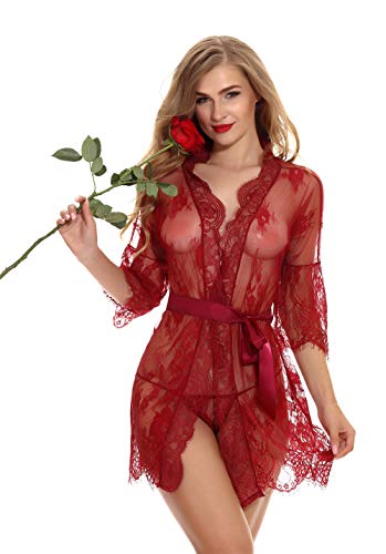 Sanqing Pijamas Atractivos de la Perspectiva de Las Mujeres, Pijamas de Encaje Sexy de Manga Larga Camisa de Malla Ropa Interior,Pink,S