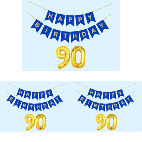 Image of Mystic Toy Store 90th Happy Birthday Decoration Kit Dark Blue for 90 year Old Women with Number Ninety Party Decorations Decor Celebration Items Item Set Combo Reusable Paper Banner (Pack of 3)
