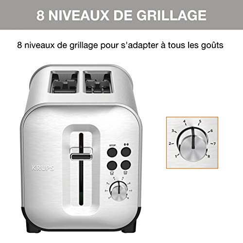 Krups Grille-pain 2 fentes larges, Inox brossé premium, 8 réglages température, Remontée extra-haute, Tiroir ramasse-miettes, Excellence KH682D10 – Image 4