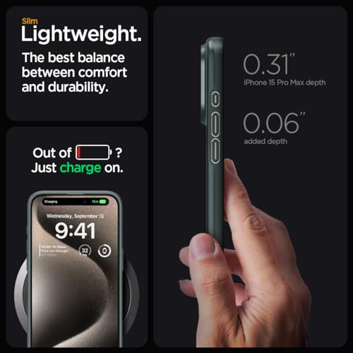 Image of Spigen Thin Fit Back Cover Case for iPhone 15 Pro Max, Durable Protection, Slim Frame - Polycarbonate + TPU | Abyss Green