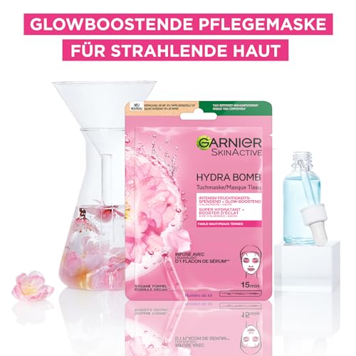 Garnier Tuchmaskenset Sakura fürs Gesicht bei fahler Haut, Feuchtigkeit und Glow, Mit Hyaluronsäure und Sakura, SkinActive, Hydra Bomb Sakura, 5x 28g 5