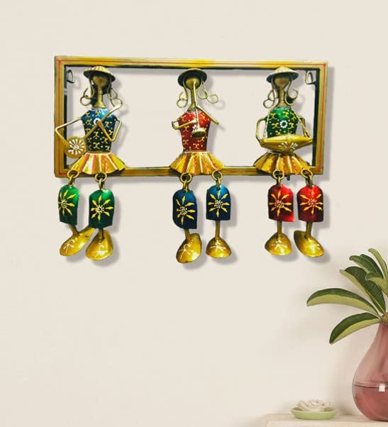 Image of Bharat Art Metal Iron 3 Cap Lady Musicnas Frame Figurinel Decorative Wall Art Decor for Home Bedroom Living room Office Cafe Decorative | Elegant Artistic Sculpture | Gift Item | 16x4x9 Inch | W295