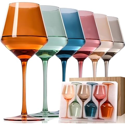 Set of 6 Hand Blown Colourful Wine Glasses Cover