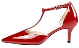 SAMMITOP Women's Kitten Heel Pointed Toe Pumps Ankle Strap Mid Heel T-bar Dress Shoes, Patent Red, 8.5