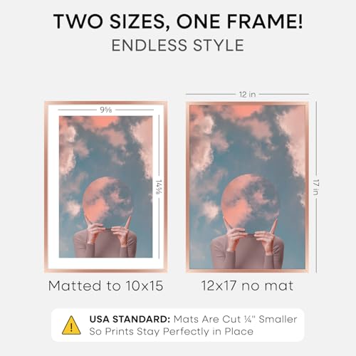 Image of Homeforia 12x17 Picture Frame Rose Gold, High End Metal 12x17 Poster Frames with Mat 10x15 Photo, 12 x 17 Rose Gold Frame Matted to 10 by 15 Print, 17x12 Thin Frame, Tempered Glass, Wall Kit, Set of 1
